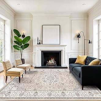 8x10 Living Room Rug for Family- Washable Oriental Stain Resistant Rugs for Bedroom Nursery Non Slip Ultra Soft Carpet for Dining Room Medallion Farmhouse Home Decor Floor Decoration Mat (8x10 Beige)