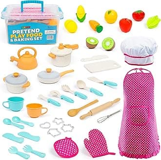 Kids Cooking and Baking Chef Set with Sliceable Play Food - Pretend Play Toddler Kitchen Toys - Kid Chef Apron, Fruit, Veggies, Hat & Utensils Kids Toy (Chef Set with Play Food)