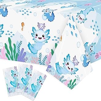 BkeeCten Axolotl Plastic Party Tablecovers - 3 Pack Blue Cartoon Axolotl Table Cover Decorations Disposable Waterproof Rectangle Plastic Tablecloths Rectangle Kids Birthday Baby Shower Camping Events