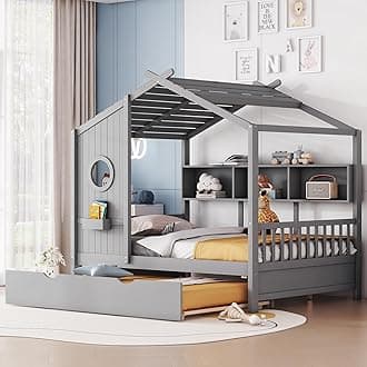 Linique Wooden Full Size House Bed with Trundle and Storage Shelf,Modern Design Full Platform Bed Frame with Pitched Roof(Gray)