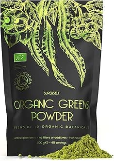 Organic Super Greens Powder - No Additives - 12 Supergreens - Daily Superfood Green Powder with Matcha, Spirulina, Wheatgrass, Chlorella, Acai - 40 Servings - High in Vitamins Protein Fibre