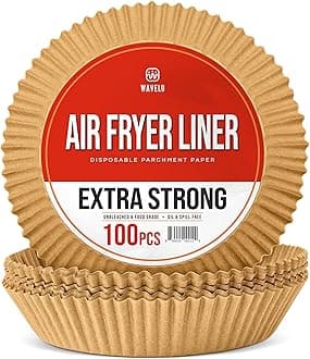 WAVELU Air Fryer Disposable Parchment Paper Liners | EXTRA STRONG | 100pcs | Food Grade Non-stick Unbleached Liners | Oil & Waterproof Sheets for Air Frying, Baking & Microwave (ROUND 7.9 IN (5-8QT))