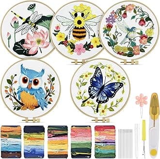 TINDTOP 5 Sets Embroidery Kit for Beginners Adult, Embroidery Kit for Beginners Include Embroidery Cloth Hoops Threads for Craft Lover Hand Stitch with Embroidery Skill Techniques