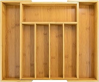Bamboo Silverware Organizer, Expandable Kitchen Drawer Organizer for Cutlery, Wooden Utensil Holder, Multi-Function Drawer Storage, 5-7 Compartments