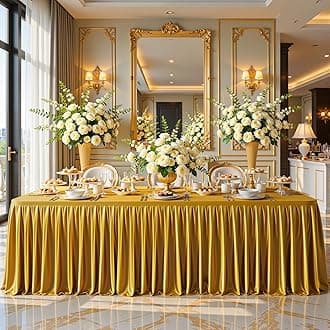 8FT Gold Satin Tablecloths for Rectangle Tables - Shiny Spandex Party Table Cover with Pleated Table Skirt, No-Wrinkle & Glossy Wedding Tablecloth One-Piece for Birthday Baby Shower Banquet Ceremony