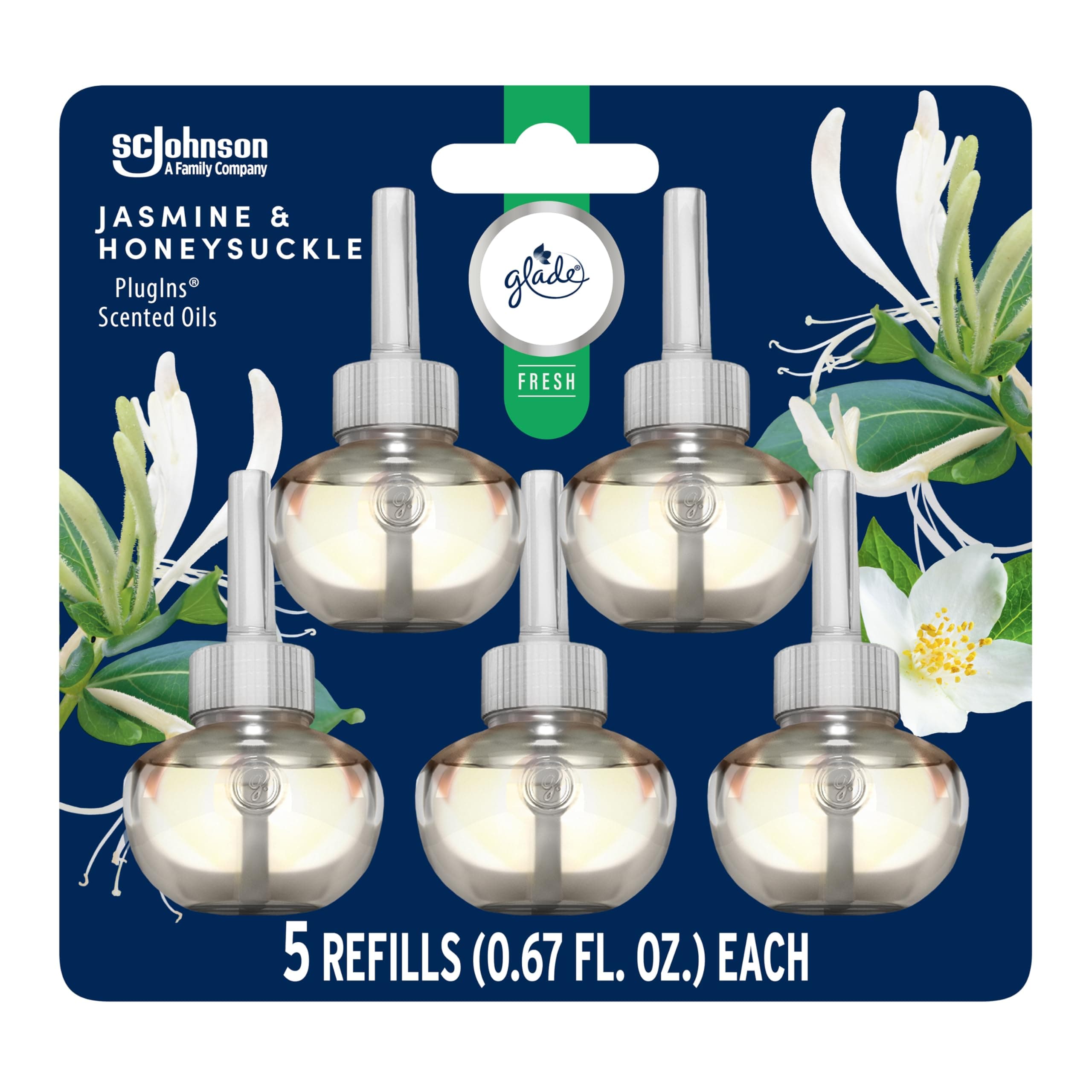 Glade PlugIns Refills Air Freshener, Jasmine & Honeysuckle, Scented and Essential Oils for Home and Bathroom, 0.67 Fl Oz, 5 Count