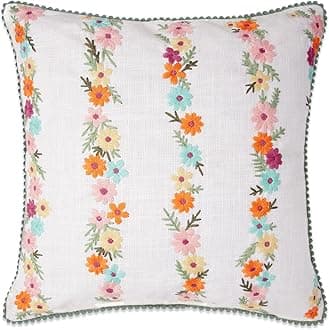 haus & kinder Decorative Embroidered Cushion Cover | Cotton Velvet Front Throw Pillow Cushion Cover for Sofa Living Room | 16inch x 16inch | Floral Stripes