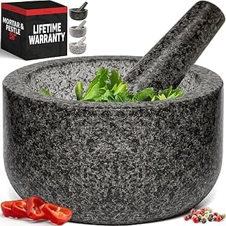 PriorityChef Heavy Duty Extra Large Mortar and Pestle Set, Hand Carved from Natural Granite, Make Fresh Guacamole, Salsa, Pesto, Stone Grinder Bowl, Herb Crusher, Spice Grinder, 4 Cup, Black
