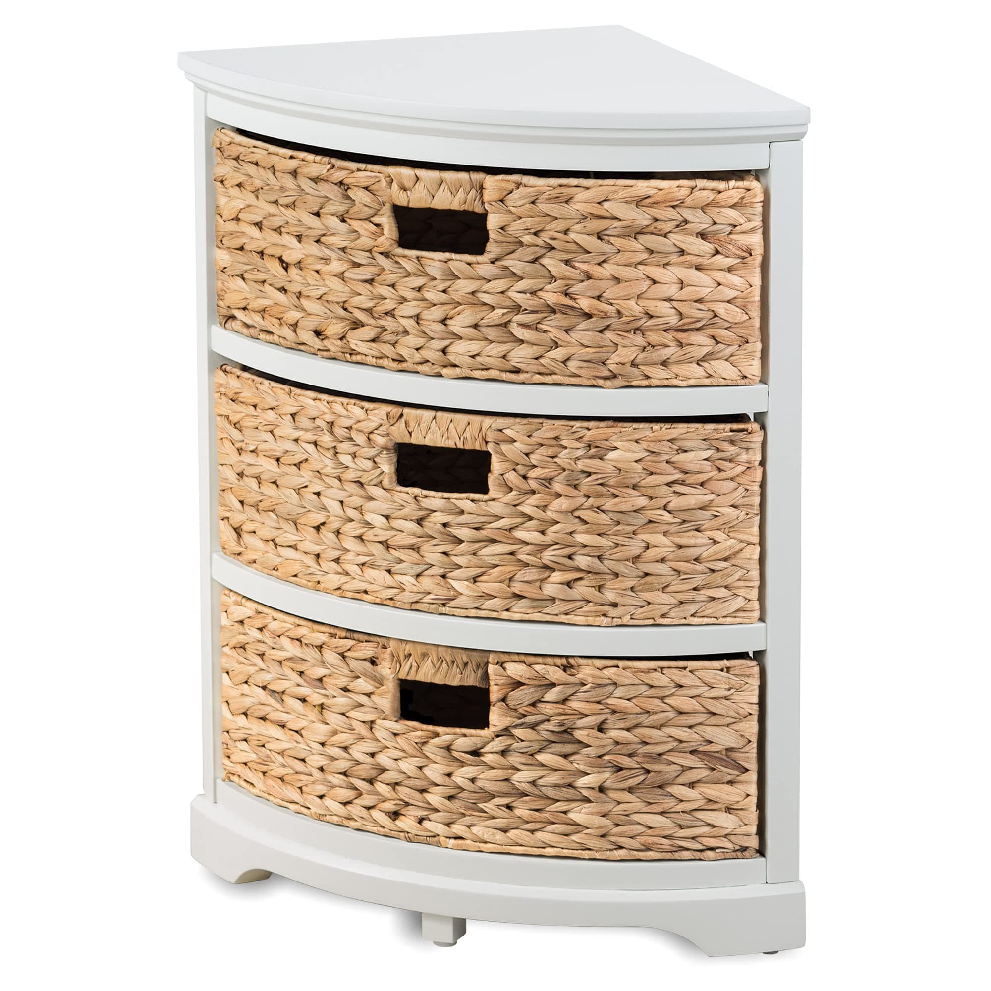 eHemco Hampton Meadows 3 Tier X-Side Corner Table Storage Cabinet with 3 Wicker Baskets, White