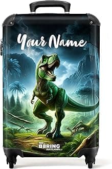 Children's Luggage Kids Suitcase for Boys - Personalised Lightweight Cabin Suitcase on Wheels - Green Dinosaur in Jungle - 55x40x20cm - Hard Shell Trolley - 20" - 10kg