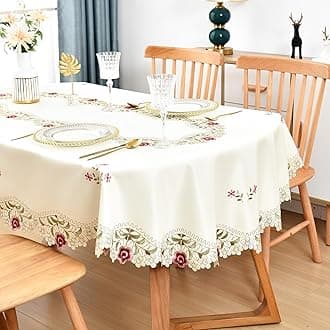 Wolkemer Jacquard Floral Oval Tablecloth Little Rose Embroidered Lace Beige Table Cover for Home Dining Kitchen Decor 60 x 102 inch