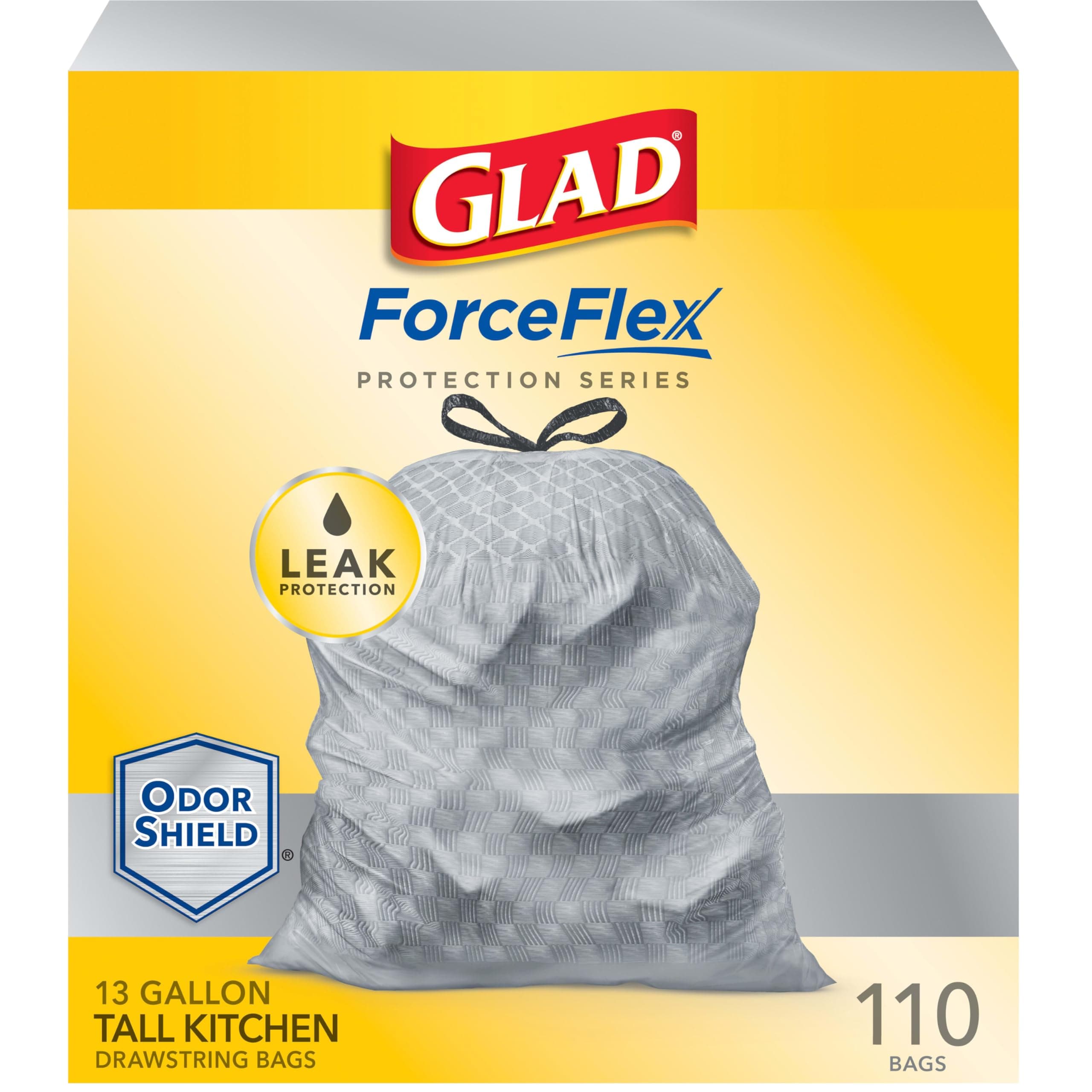 GLAD Protection Series Force Flex Drawstring Odor Shield, Gray, 13 Gallon, 110 Count