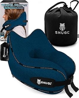 SNUGL Travel Pillow – Memory Foam Neck Pillow for Travel – Support Cushion for Airplane with Carry Bag & Clip - Holiday Essentials (Navy - Adult Regular)
