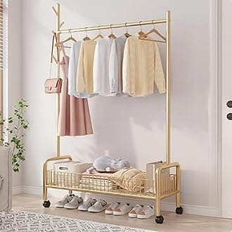 Lukzer | MGR-001 | Gold | Portable Metal Clothes Rack with Wheels, Single Rod & Bottom Shelf – Heavy-Duty Freestanding Closet Organizer for Bedroom, Laundry, Entryway & More | 173 x 90 x 35 cm