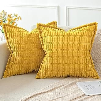 Artscope Mustard Yellow Cushion Covers Set of 2 Corduroy Decorative Square Striped Pillowcase with Stitched Edge Pillow Covers 50x50cm for Home Decor Sofa Bedroom Car
