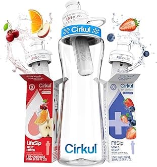 - Cirkul 22oz. BPA-Free Plastic Water Bottle Starter Kit with Blue Lid, 2 Flavor Cartridges (1 LifeSip Fruit Punch, 1 FitSip Mixed Berry) No Sugar, Zero Calorie Drink Mix