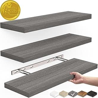 BAYKA Floating Shelves, Wall Mounted Rustic Wood Shelves for Bathroom, Bedroom, Living Room, Kitchen,Small Hanging Shelf for Books/Storage/Room Decor with 22lbs Capacity (Grey, Set of 3, 15.7in)