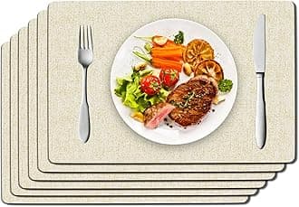 DOLOPL Placemats Set of 6, Beige Faux Leather Heat Resistant Place Mats for Dining Table, Waterproof Oilproof Wipeable Washable Table Mats, Easy to Clean Anti-Slip Tablemats for Kitchen, Party