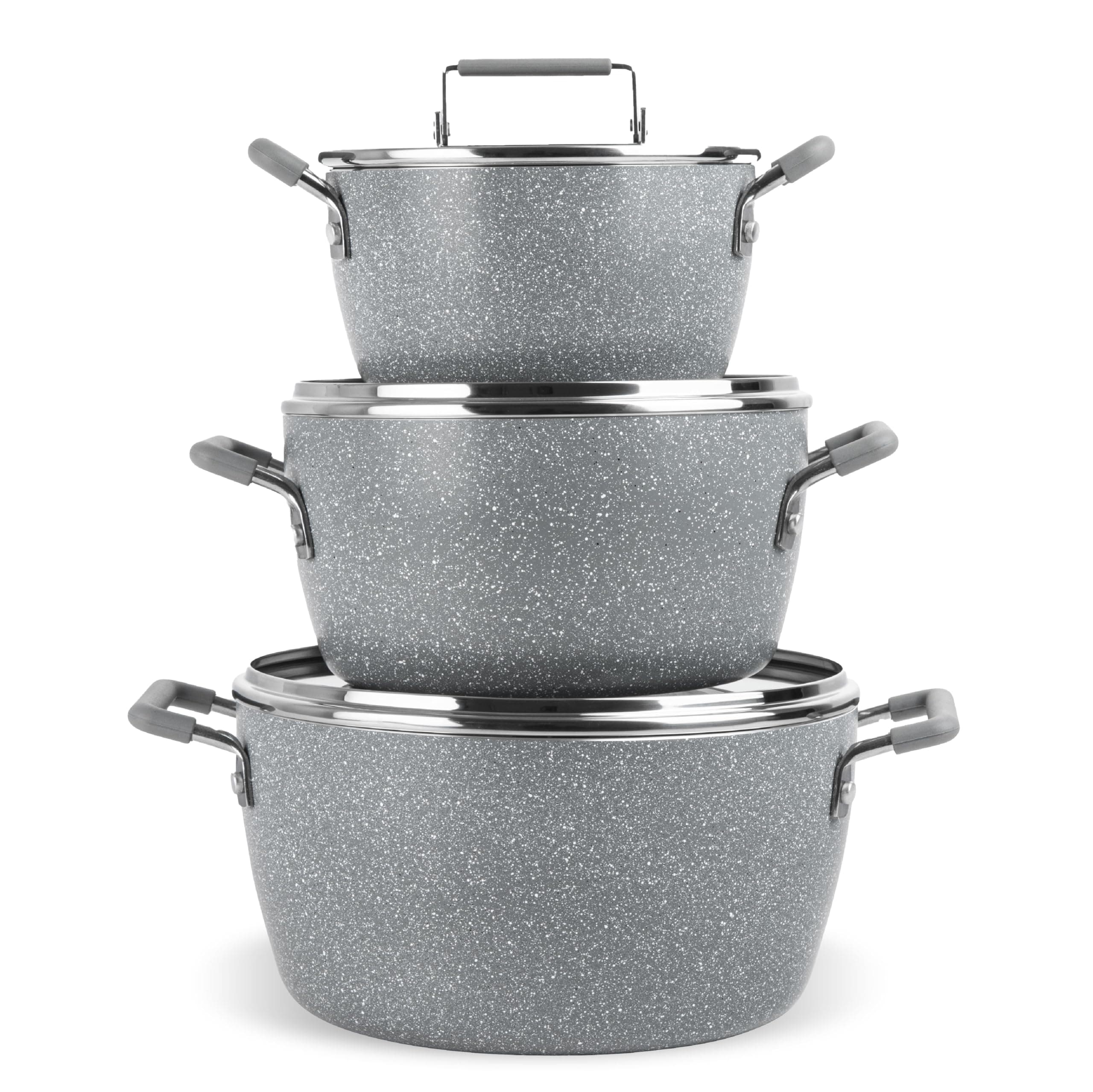 Granitestone Gray Pots and Pans Set Nonstick, 6 Stackable Piece Cooking Pots Set, Kitchen Pots, Non Stick Coating, 5qt 3qt & 1.5qt Pots with Lids, Stay Cool Handles Dishwasher Safe 100% Toxin Free