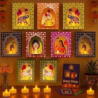 Divyakosh Paper Deep Dwar (Pack of 8) with LED Candles | Jharokha Style Home Décor Item, Ganpati Diwali Decor, Pooja/VaraMahalaxmi Decoration | Wall Decor, Stairs Decoration, Easy DIY Craft |