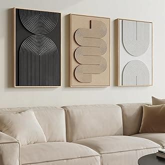 3D Textured Framed Boho Neutral Abstract Wall Art, 3 Piece Modern Artwork for Walls, Black White Brown Minimalist Geometric Paintings for Living Room, Dining Room, Bedroom Wall Decor 16x24 In