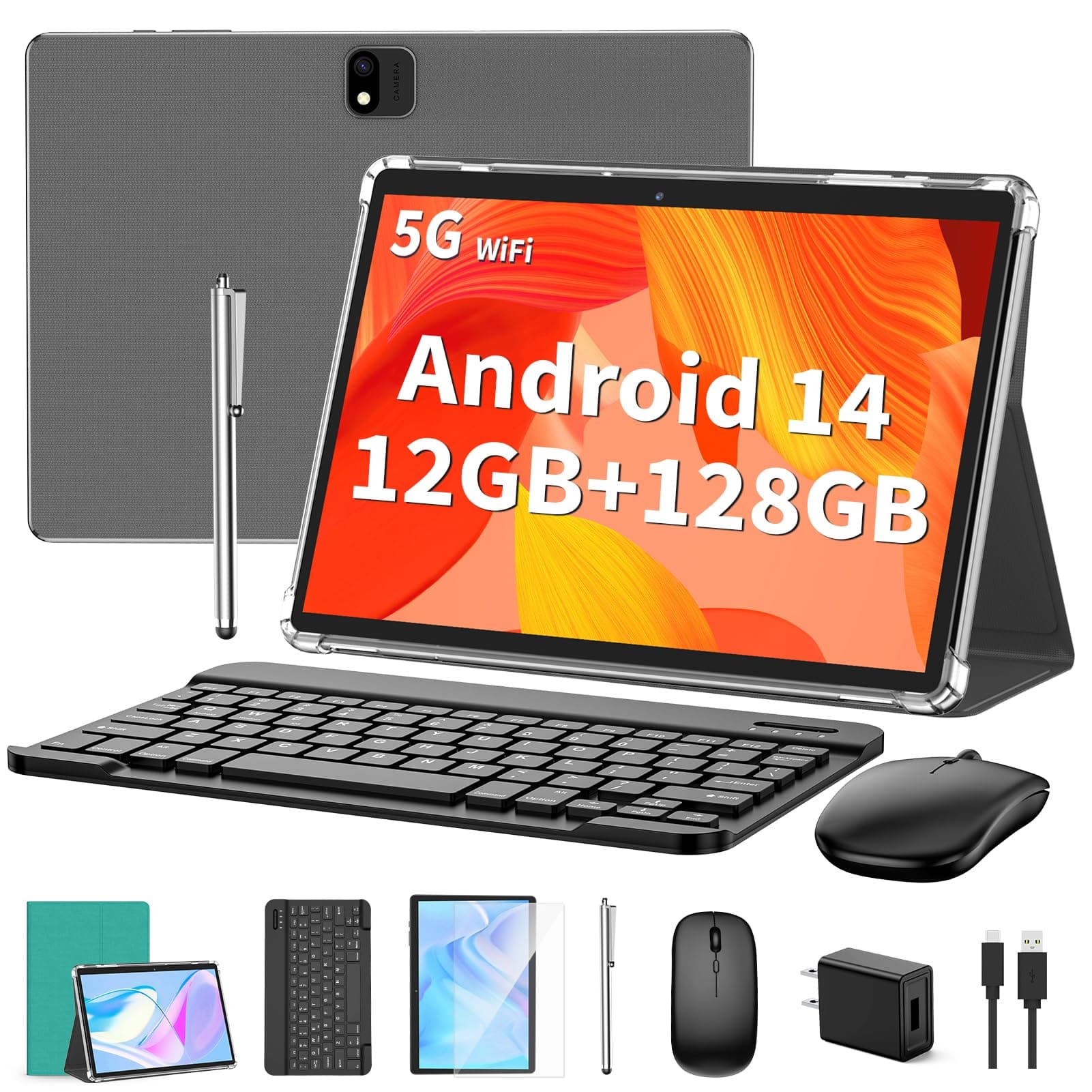 Android Tablet with Keyboard, Android 14 Tablet, 12(6+6) GB+128GB, 1TB Expand, 2 in 1, Mouse, Stylus, 8000mAh Battery, 2.4G/5G WiFi, GPS, Green Case