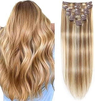 Light Blonde Highlighted Golden Blonde Hair Extensions Real Human Hair Clip ins Remy Invisible Natural Straight Seamless Hair Extensions 8pcs Double Weft 16 Inch 90g