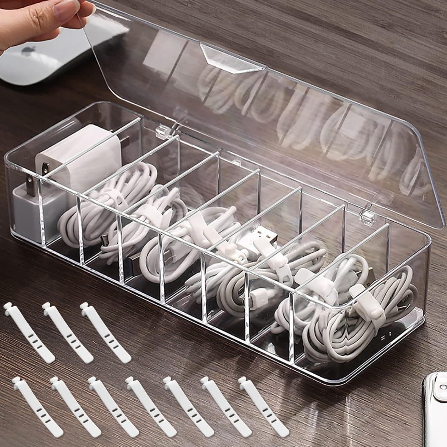 Necomi Data Cable Organizer Box, Clear Electronics Organizer Boxes,Plastic Cable Management Box with 10 Wire Ties, 8 Capacity Acrylic Charger Organizer, Electronics Organizer for Office (with Lid)
