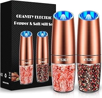 Sweet Alice Gravity Electric Pepper and Salt Grinder Set, Adjustable Coarseness, Battery Powered with LED Light, One Hand Automatic Operation, Stainless Steel Copper, 2 Pack