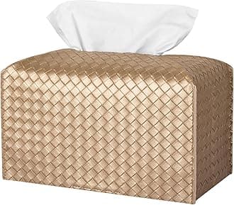 Tissue Box Cover PU Leather Tissue Holder Square Facial Tissue Case Facial Paper Organizer Dispenser for Bathroom, Vanity Countertop, Tabletop, Car, Rectangle, Gold