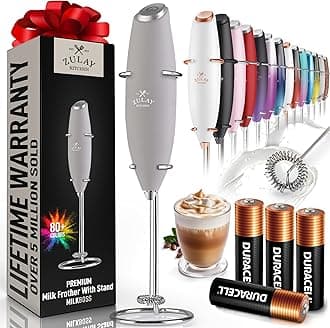 Zulay Kitchen Powerful Milk Frother Wand With 4 AA Duracell Batteries - Ultra Fast Handheld Drink Mixer - Electric Whisk Foam Maker for Coffee, Lattes, Cappuccino, Matcha & Creamer