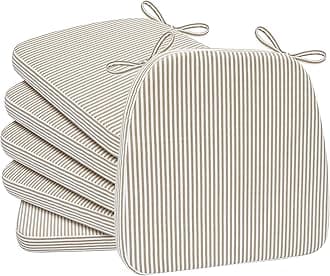 AAAAAcessories D-Shaped Chair Cushions, 2" Thick Dining Chair Pads with Ties and Removable, Machine-Washable Cover, 17" x 16", Set of 6, Natural Sand Pinstripe