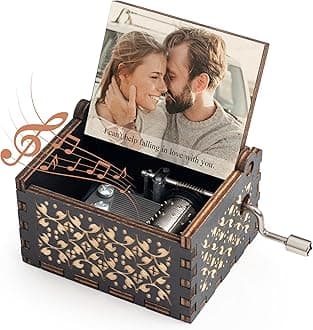 Personalized Music Box - Custom with Your Photo & Text - Wooden Hand Crank Music Box - Vintage Engraved - Black - Can't Help Falling in Love Melody