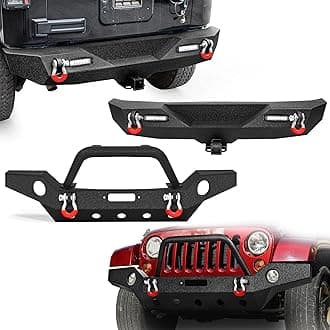 LEDKINGDOMUS Front& Rear Bumper Compatible with 07-18 Jeep Wrangler JK and JK Unlimited W/Fog Lights Hole, Winch Plate, Rear Bumper w/ 2x LED Lights & 2" Hitch Receiver Textured Black
