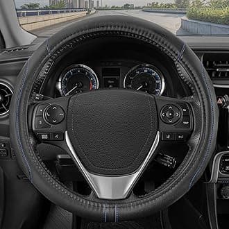 Motor Trend GripDrive Faux Black Leather Steering Wheel Cover for Car Truck Van SUV, Standard 15 inch Size, Blue Accent Stitched Car Steering Wheel Cover Vehicle & Auto Accessories