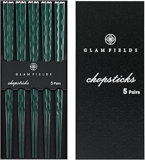 GLAMFIELDS5 Pairs Chopsticks Reusable, Premium Fiberglass Chop sticks Dishwasher Safe for Sushi Ramen, Non-slip, 9 1/2 inches - Gift Set Green with Silver Plated