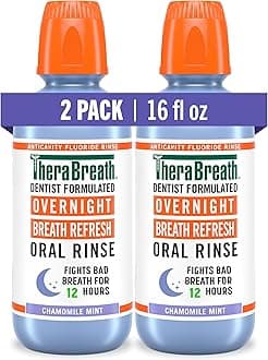 TheraBreath Overnight Mouthwash, Fights Bad Breath for 12 Hours, Chamomile Mint Flavor, Dentist Formulated, Fluoride Rinse, Alcohol Free, 16 fl oz (Pack of 2)