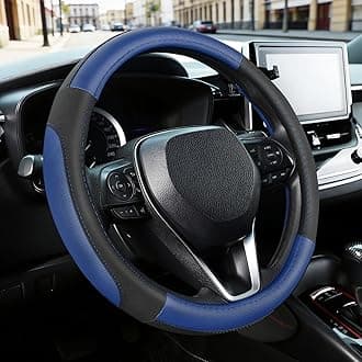 Car Steering Wheel Cover for Prius Civic Model 3 Model Y Camaro, Small Size 14-14.25 inch, Black and Blue Microfiber Leather