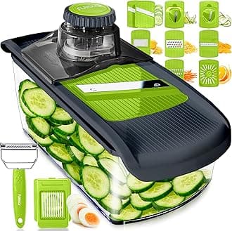 Fullstar Mandoline Slicer for Kitchen, Cucumber Slicer, Cheese Grater Vegetable Spiralizer and Veggie Slicer for Cooking, Kitchen Gadgets Organizer & Safety Glove Included (11 in 1, Gray/Green)