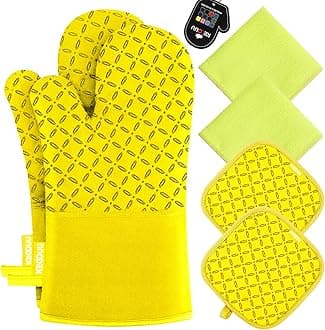 KEGOUU Oven Mitts and Pot Holders 6pcs Set, Kitchen Oven Glove High Heat Resistant 500 Degree Extra Long Oven Mitts and Potholder with Non-Slip Silicone Surface for Cooking