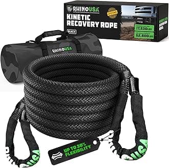 Rhino USA Kinetic Recovery Tow Rope Heavy Duty Offroad Snatch Strap for UTV, ATV, Truck, Car, Tractor - Ultimate Elastic Straps Towing Gear - Backed for Life! (1.25" x 30' Black)