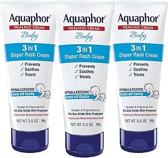 Aquaphor Baby Diaper Rash Cream, 3-in-1 Diaper Rash Relief, 3.5 Oz Tube, (Pack of 3)