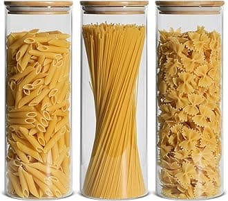 ComSaf Glass Spaghetti Pasta Storage Container with Lids 74oz Set of 3, Tall Clear Airtight Food Storage Jar with Bamboo Cover Kitchen Pantry Storage Container for Noodles Flour Cereal Coffee Beans