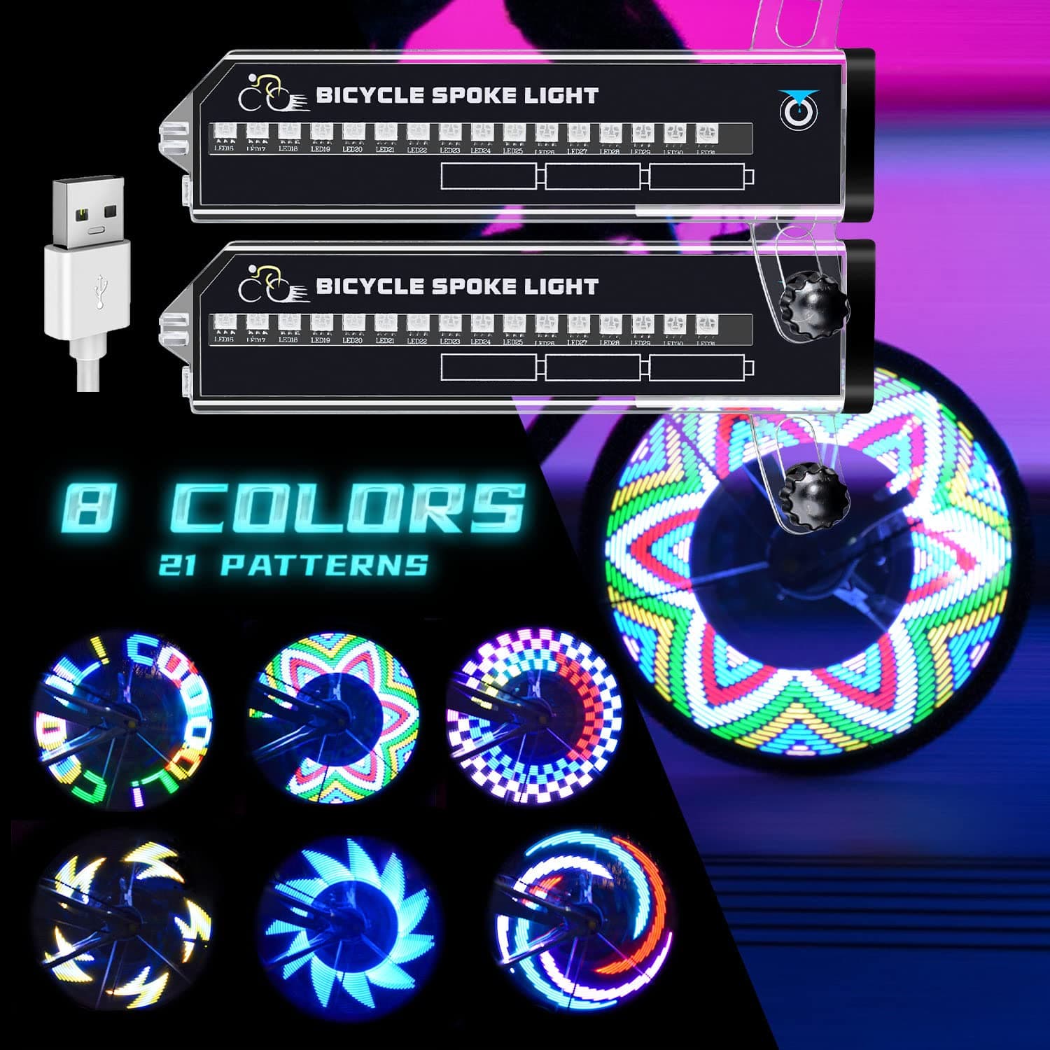 Rechargeable LED Bike Wheel Lights.Waterproof Bicycle Spoke Lights with Rechargeable Batteries.for Safe Cycling,for Kids Girls Boys Adults Mountain Bike BMX Bike Folding Bike