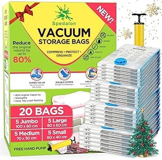 Vacuum Storage Bags - Pack of 20 (5 Jumbo + 5 Large + 5 Medium + 5 Small) ReUsable with free Hand Pump for travel packing | Best Sealer Bags for Clothes, Duvets, Bedding, Pillows, Blankets, Curtains