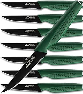 Steak Knives Set of 8, Stainless Steel Steak Knife Set, Serrated Steak Knives Dishwasher Safe, Evergreen, Cake Knives