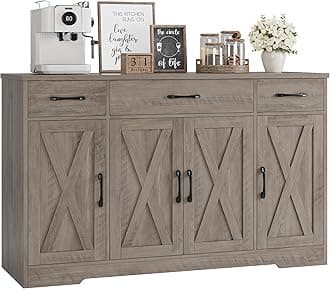 HOSTACK Buffet Sideboard Cabinet with Drawers, 55" Large Buffet Storage Cabinet with Shelves and Doors, Modern Farmhouse Coffee Bar Station for Kitchen, Dining Room, Ash Grey