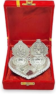 Silver Plated Diya with Red Velvet Gift Box, Ganesh Lakshmi Design, Idol Dia Pooja Items, Diwali Decoration, Puja Gifts, Handmade Oil Lamp, Traditional Indian