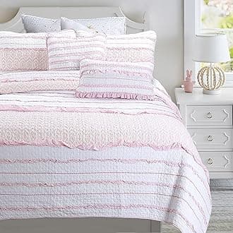 Pretty in Pink Girly Ruffle Stripped 100% Cotton Reversible Quilt Bedding Set, Coverlet, Bedspread (Pink Princess, Queen - 3 Piece: 1 Quilt + 2 Shams)