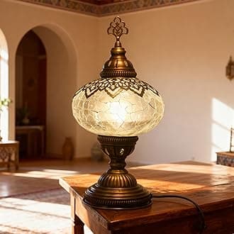 Mozaist Cracked Clear Moroccan Mosaic Table Lamp – Handmade Turkish Glass, Li...